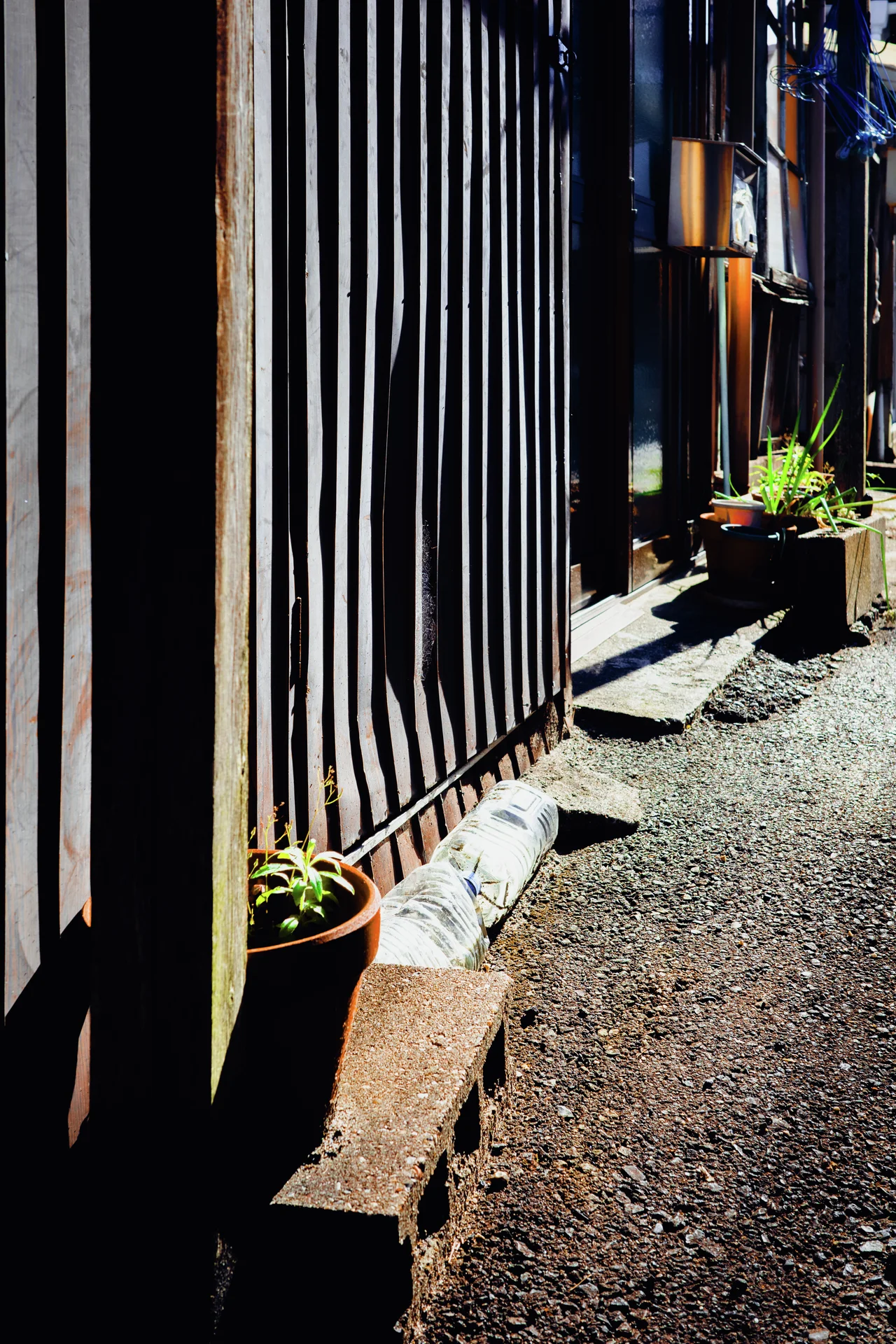 Sunlight forms narrow stripes across vertical siding beside potted plants along a gravel passage.