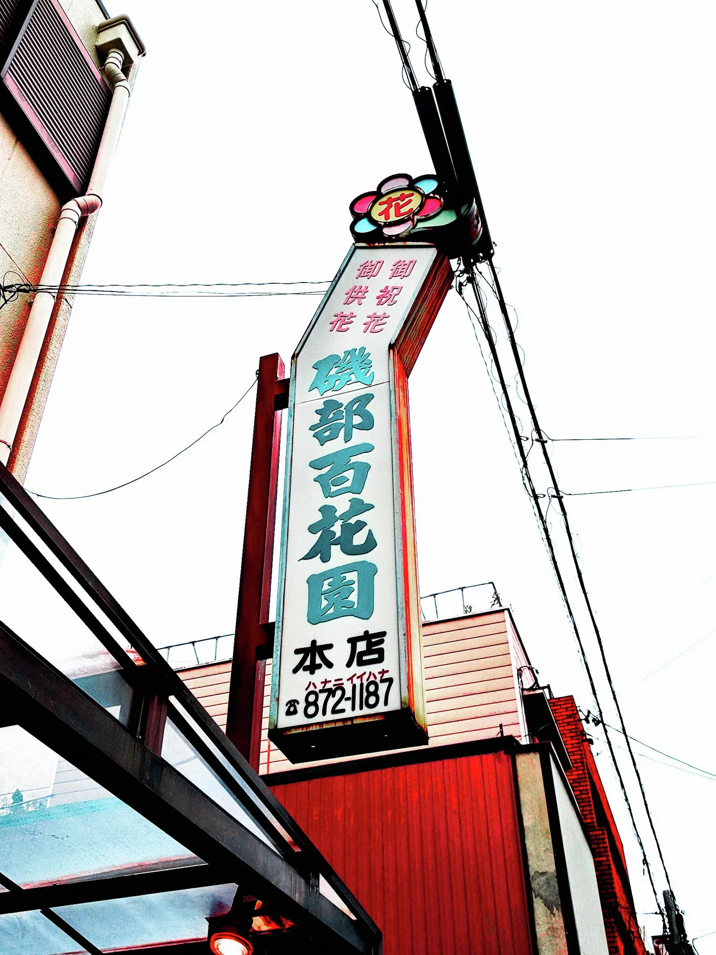 A tall white sign with green Japanese lettering and a flower emblem rises among utility wires.