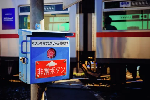 A blue emergency-button box stands before a silver train with a red stripe.