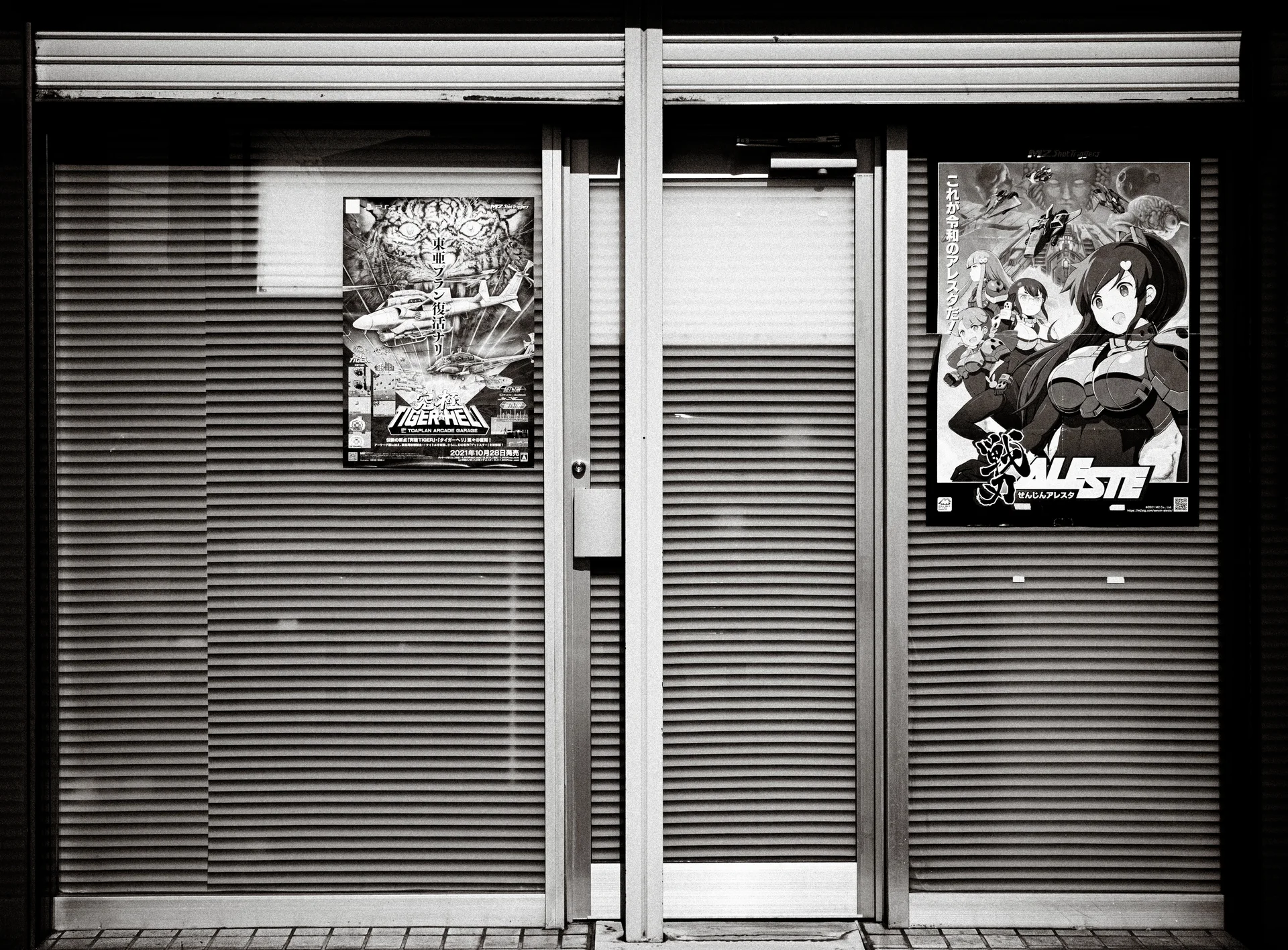 Illustrated posters hang on closed ribbed shutters beside a narrow pale door in black and white.