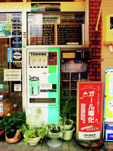 Potted plants cluster below shop notices beside a narrow Toshiba display and a red freestanding sign.