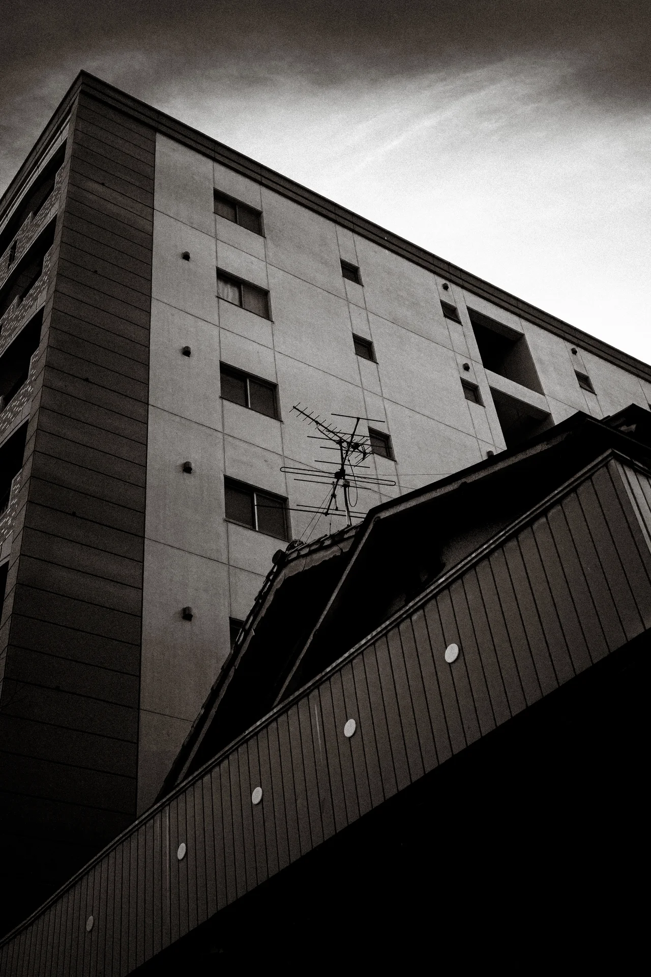 A tall pale building rises behind a sharply sloping dark roof in black and white.