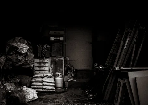 Stacked sacks, containers and leaning frames fill a dark storage space in black and white.